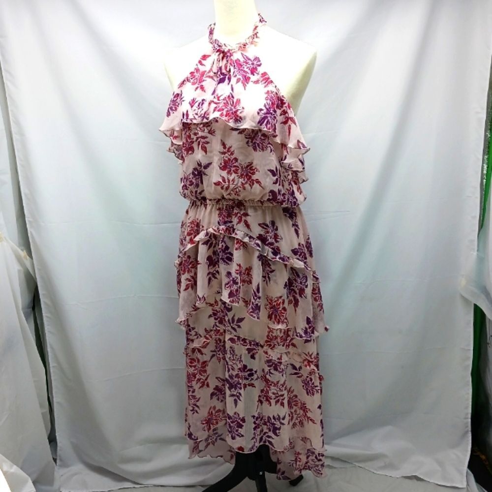 Express 90s Y2K Pink Asymmetrical Ruffled Floral Midi Sundress Womans L. Whimsy.